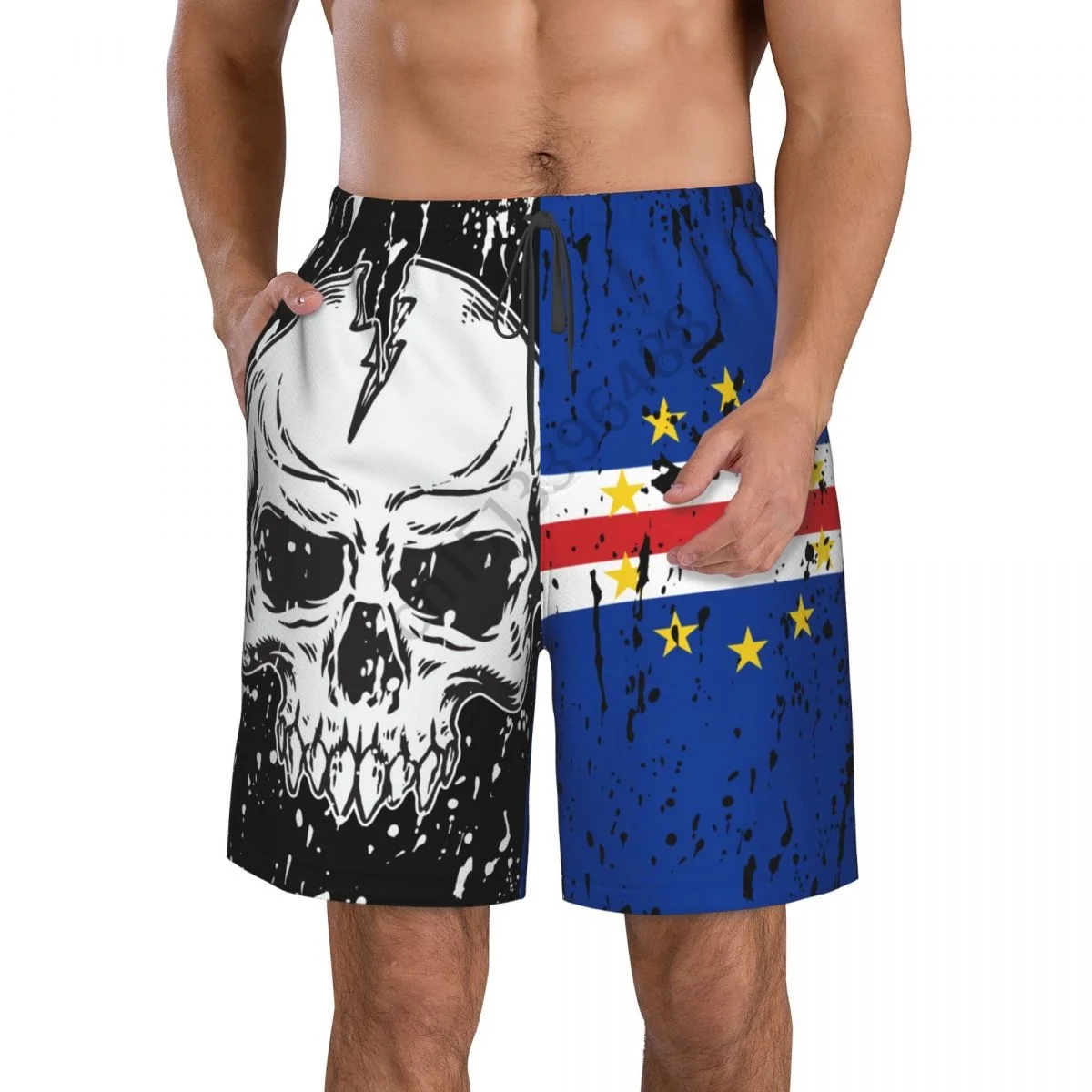 Cape Verde Flag Vintage Skull Men's Novelty Swimtrunks Quick Dry 3D Printed Mesh Lining Beach Board Shorts with Pockets