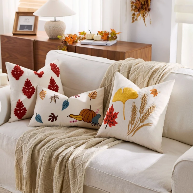 

Autumn Harvest Thanksgiving Pillow Cover Decorative Fall Leaf Embroidery Cushion Cover Nordic Modern Home Decor Pillow Case