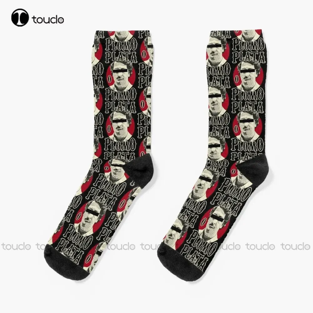 Calcetines Plata O Plomo Pablo Escobar Plata O Plomo Señor de drogas colombiano Calcetines divertidos para hombre 360 °   Impresión digital Regalo personalizado Nuevo popular