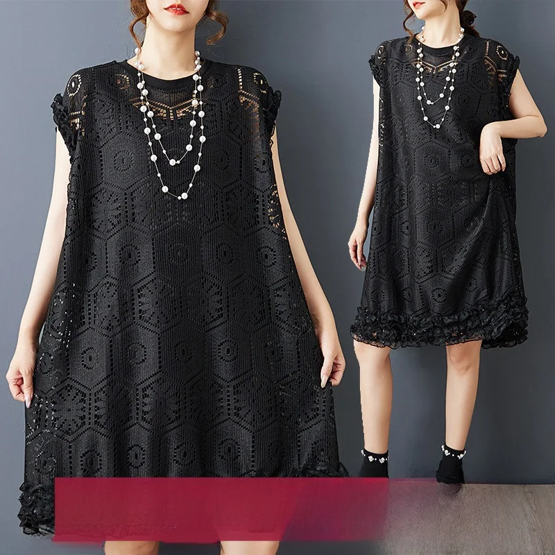 

Fashionable Black Lace Oversized Double Layered Ruffle Design Heavyweight Dark Style Women's Dress Casual Cotton Blend Skirt