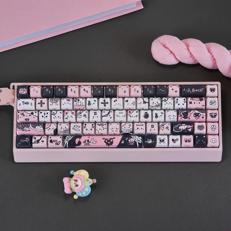 Cute Black Charm Cat Head Keycap Set Cartoon Heat Sublimation Game Mechanical Keyboard Keycap Compatible with Wooting 68ace
