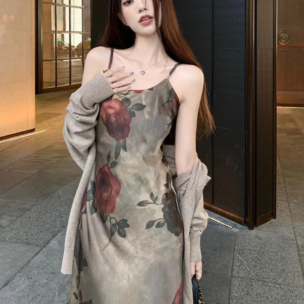 Summer Dress Women Floral Sleeveless Graceful Spaghetti Strap Ankle-length Loose Vintage Famous Lady High Street Versatile New