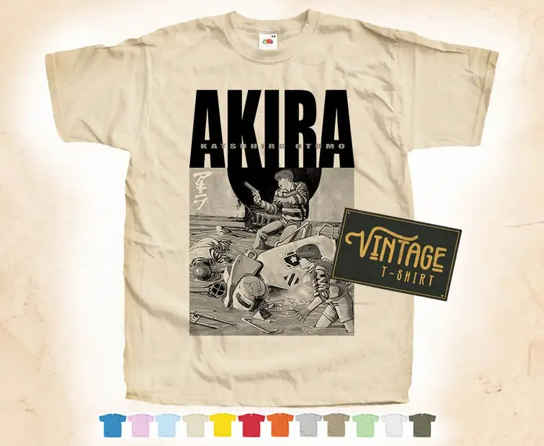 Camiseta negra con estampado de AKIRA Vol 1, Camiseta de algodón Natural Vintage, póster de película Beige, 12 colores, todos los tamaños