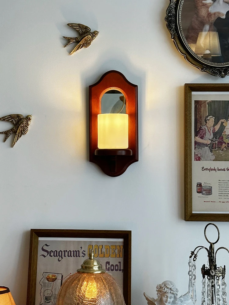 Retro Japanese American country solid wood walnut color mirror wall lamp bedside living room bed and breakfast lamp
