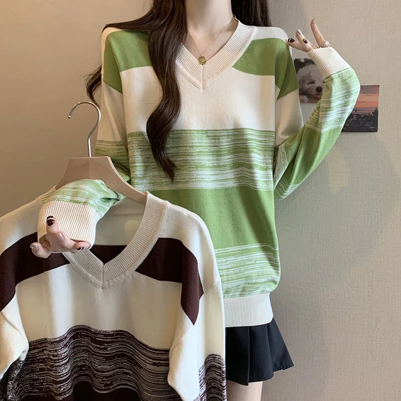 Vintage Stylish Sweater Women Jumpers Tops Autumn Winter Long Sleeve V-neck Pullovers Elegant Fashion Chic Ladies Jumpers