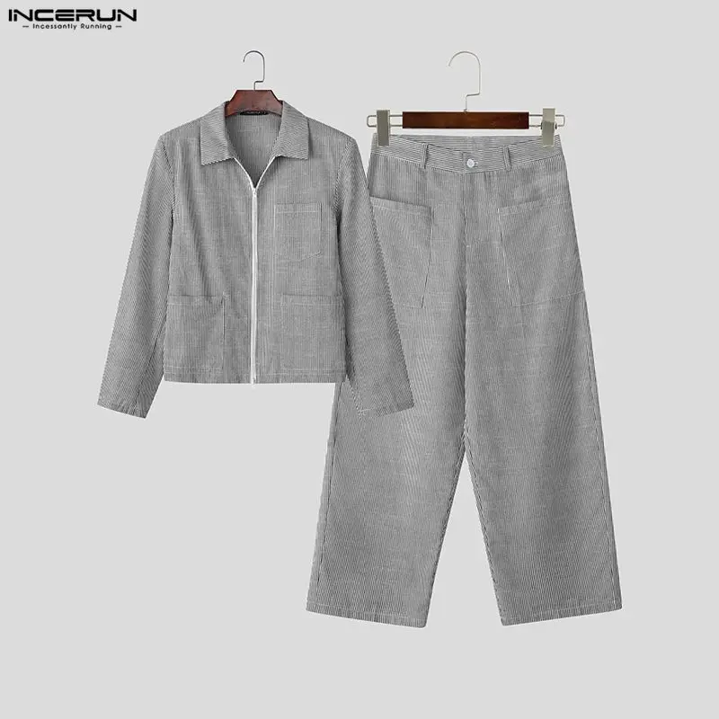 

INCERUN Men Striped Sets Streetwear Baggy Lapel Long Sleeve Zipper Shirt & Pants 2PCS 2026 Loose Fashion Men Casual Suits S-3XL