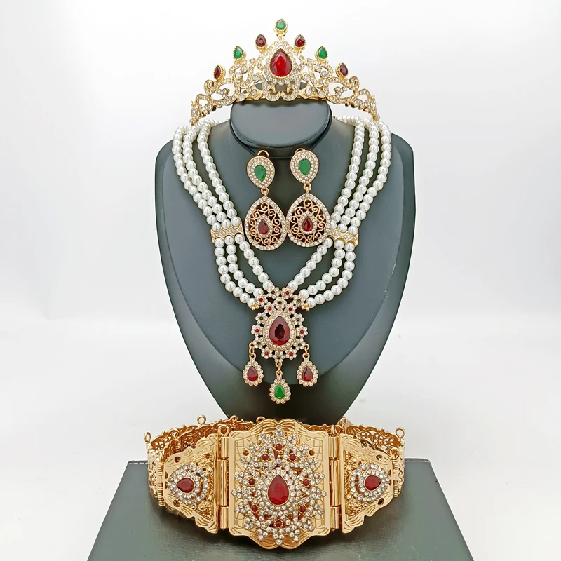 Set di gioielli da sposa marocchini orecchini da donna arabi in metallo con catena in vita da sposa Tiara Queen Crown Necklace