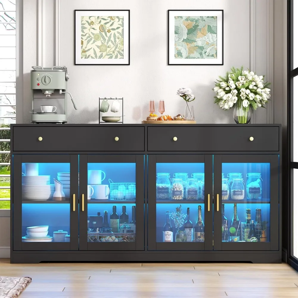 Sideboard Buffet Cabinet with LED Lights,55.1 Storage Cabinet with 2 Large Drawers &4 Glass Doors,Modern Kitchen Display Cabinet