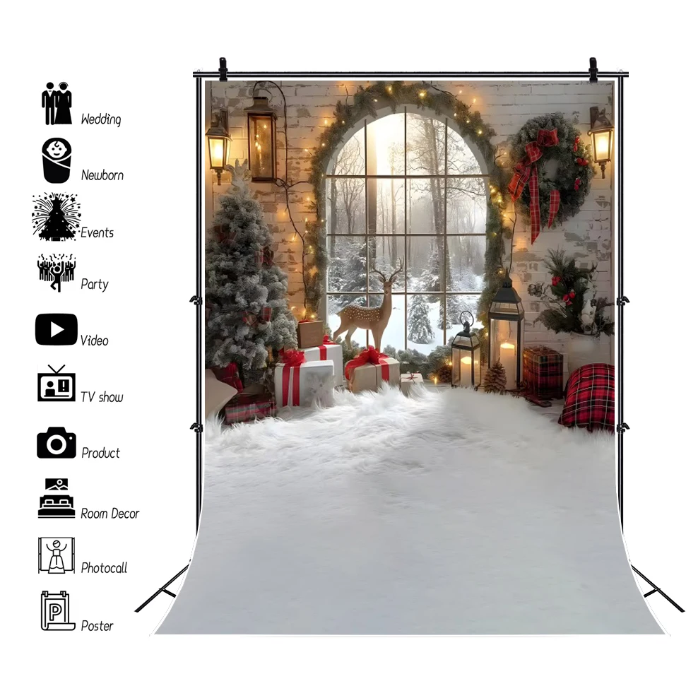 

Christmas Backdrop Xmas Tree Winter Snow Window Elk Brick Wall Kids Family Portrait Christmas Party Photography Background Decor