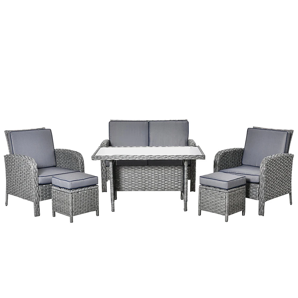 

Комплект садовой мебели для улицы: обеденный стол и стулья из ротанга, 2-местный и одноместный кресла, 2 табурета, 1 стол.