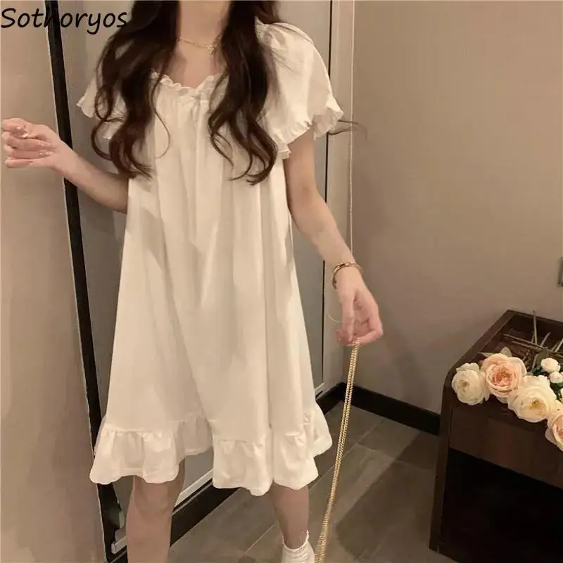 White Nightgowns Women Sweet Kawaii Girls Nightdress Princess Ruffles Square Collar Short Sleeve Summer Lounge Wear Sleepwear