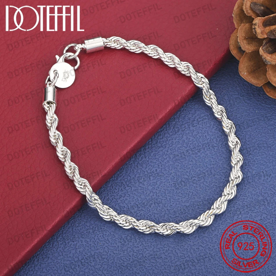 

925 Sterling Silver 8-inch 4mm Twisted Rope Bracelet for Women, Wedding Party Jewelry, Accessories, and Gifts