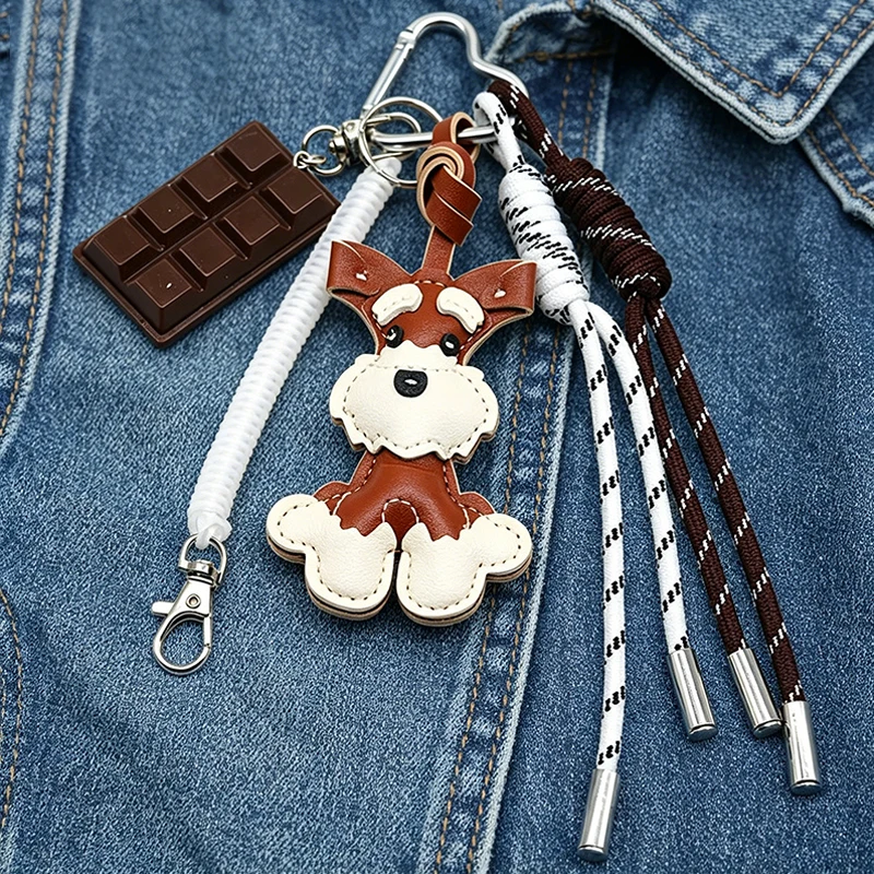 Nuevo Colgante de Perro Schnauzer Cosido a Mano, de Cuero, para Regalos de Cumpleaños, Colgante para Bolsa, Accesorios para Mochila Escolar, Llavero para Coche