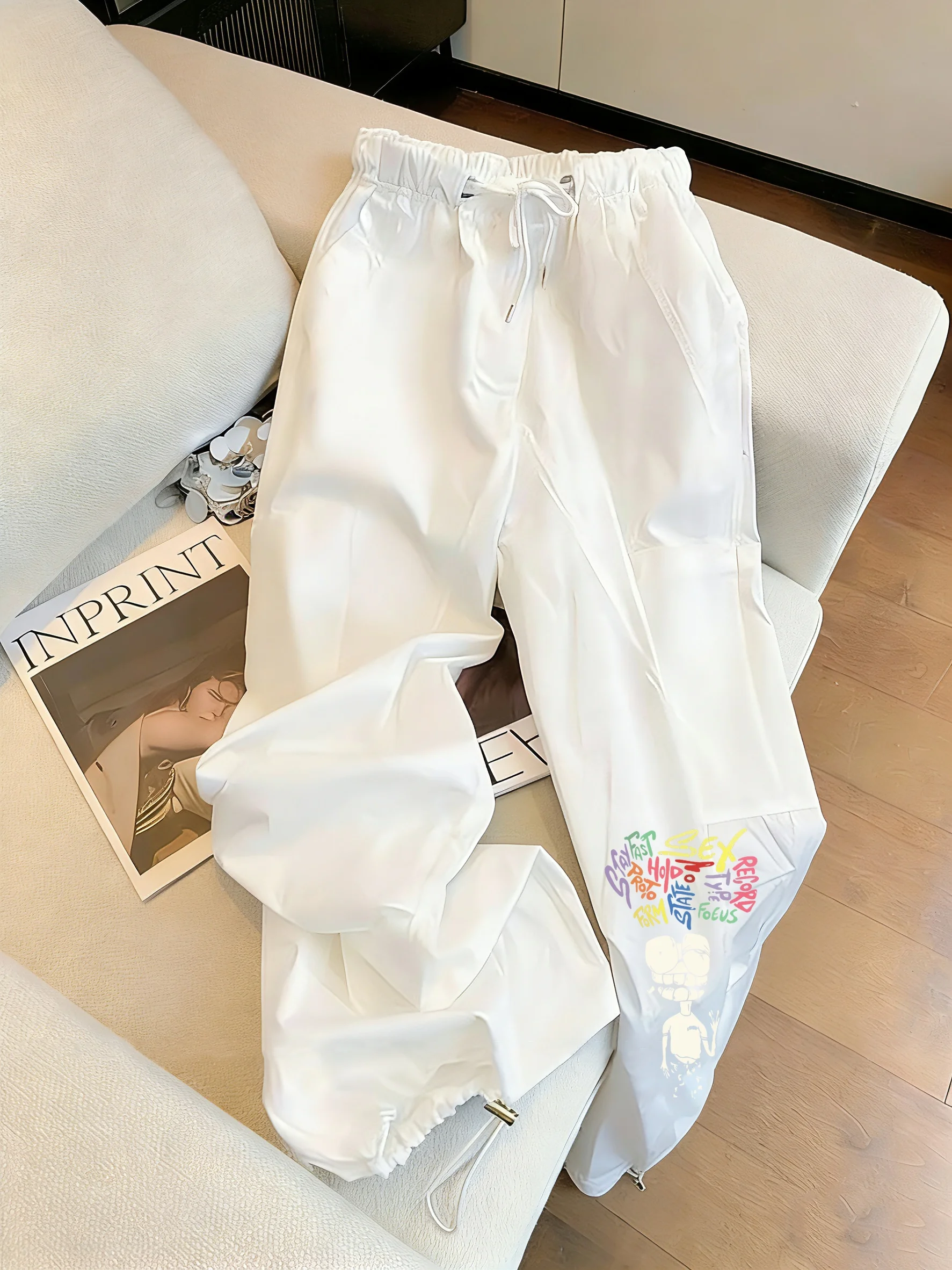 

Casual Loose Workwear Pants White Printed Loose Fit Men's Women's Summer Fashionable Straight Leg Sports Wide Leg Trousers