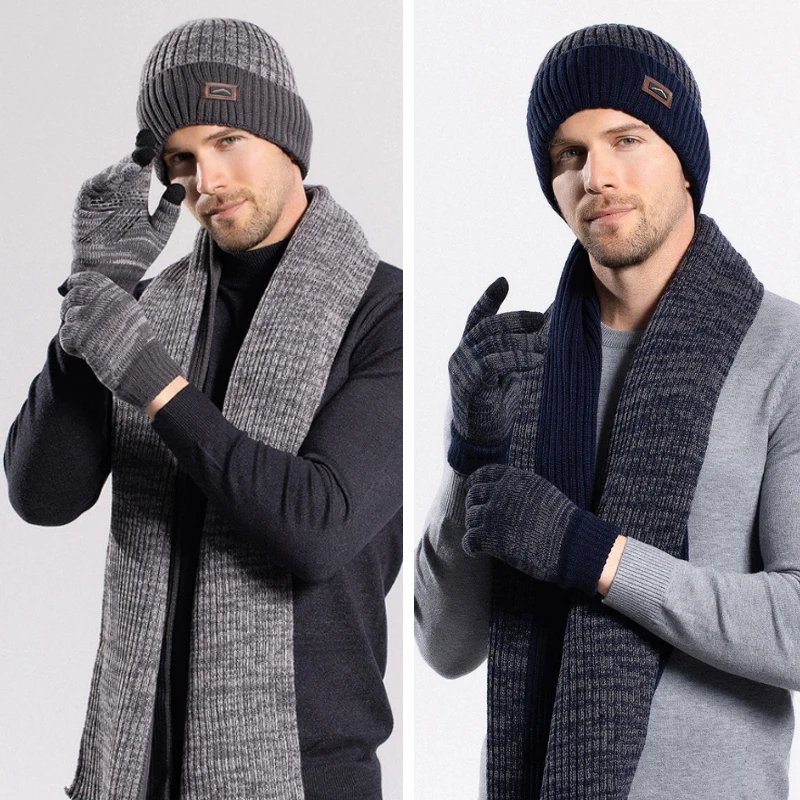 3pcs Hat Scarf Glove Sets for Men Women Winter Beanies Hats Thick Plush Fleece-lined Bonnets Long Scarf shawl large Gift Family