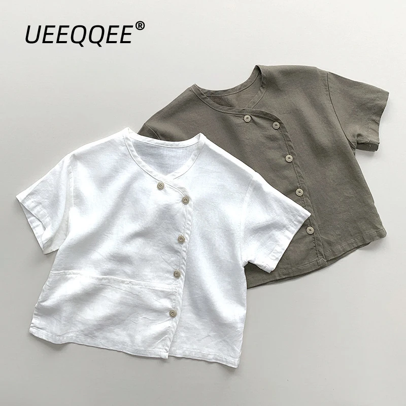 Spring Summer Children Shirts 1-8Y Boys Linen Solid Button Pocket Casual Short Sleeve Tops Korean Toddler Wear Kids Clothing New