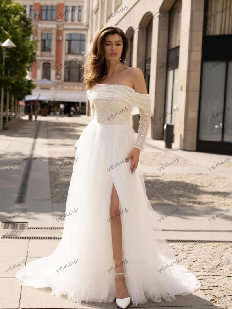 Vestidos De Novia con purpurina, elegantes Vestidos De Novia con apliques De lentejuelas y hombros descubiertos, Vestidos De Novia con abertura larga personalizados 2025