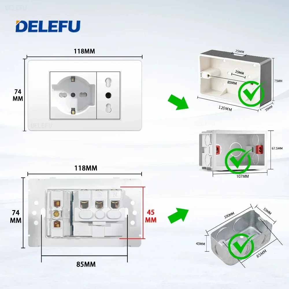 DELEFU White Retardant PC Italy USB TypeC Fast Charging Wall Socket Schuko Tuya Wifi Smart Switch Sat TV Tel Doorbell Chile — zdjęcie 6