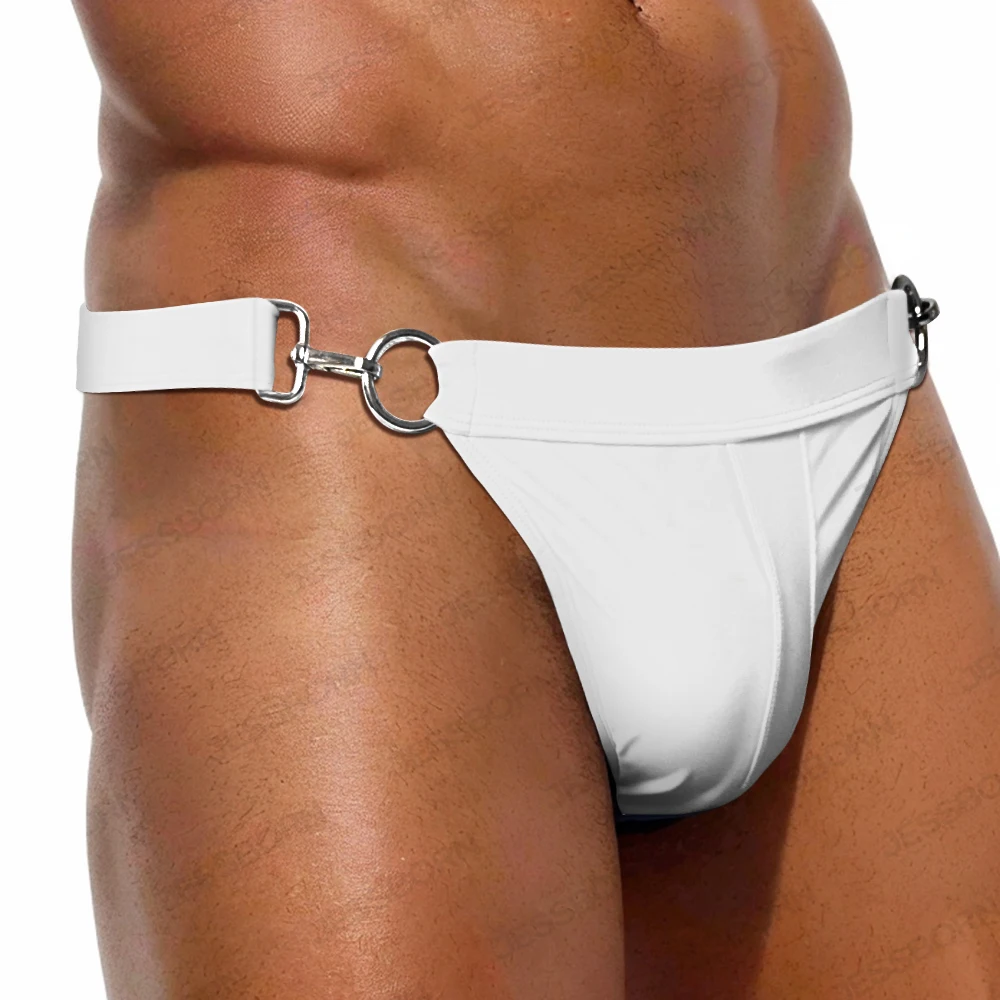 Sexy Mens Two Side Metal Button G String Swim Briefs Quick Release Swimming Trunks T-shaped Swimwear Half Hip Bikini Thongs