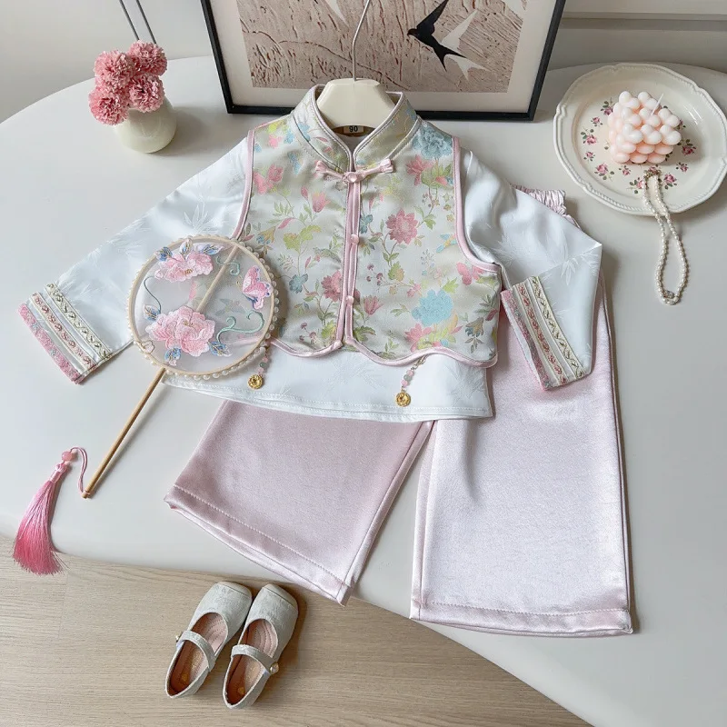 

25Winter New Fashionable Elegant Ancient Style Hanfu for Girls, Chinese Style Base Shirt, Vest, and Long Pants Three-Piece Set