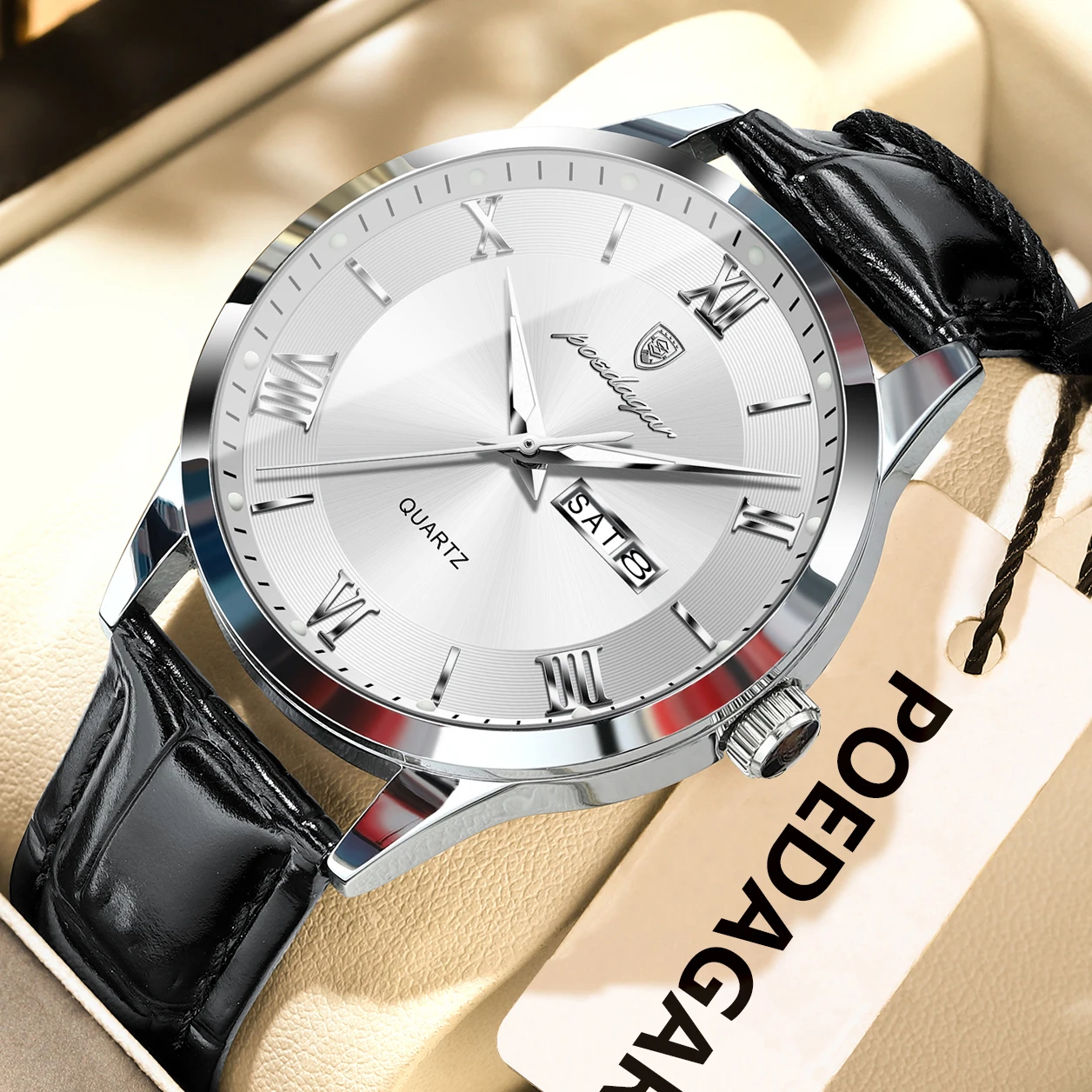 POEDAGAR Classic Luxury Men's Wristwatch Date Week Leather Business Man Watch Waterproof Luminous Fashion Quartz Watches For Men