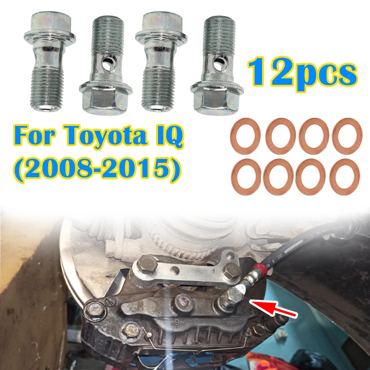 12Pcs Front Rear Left Right Caliper Hose Lines Banjo Fittings Bolts Copper Sealing Crush Washers Repair For Toyota IQ 2008-2015