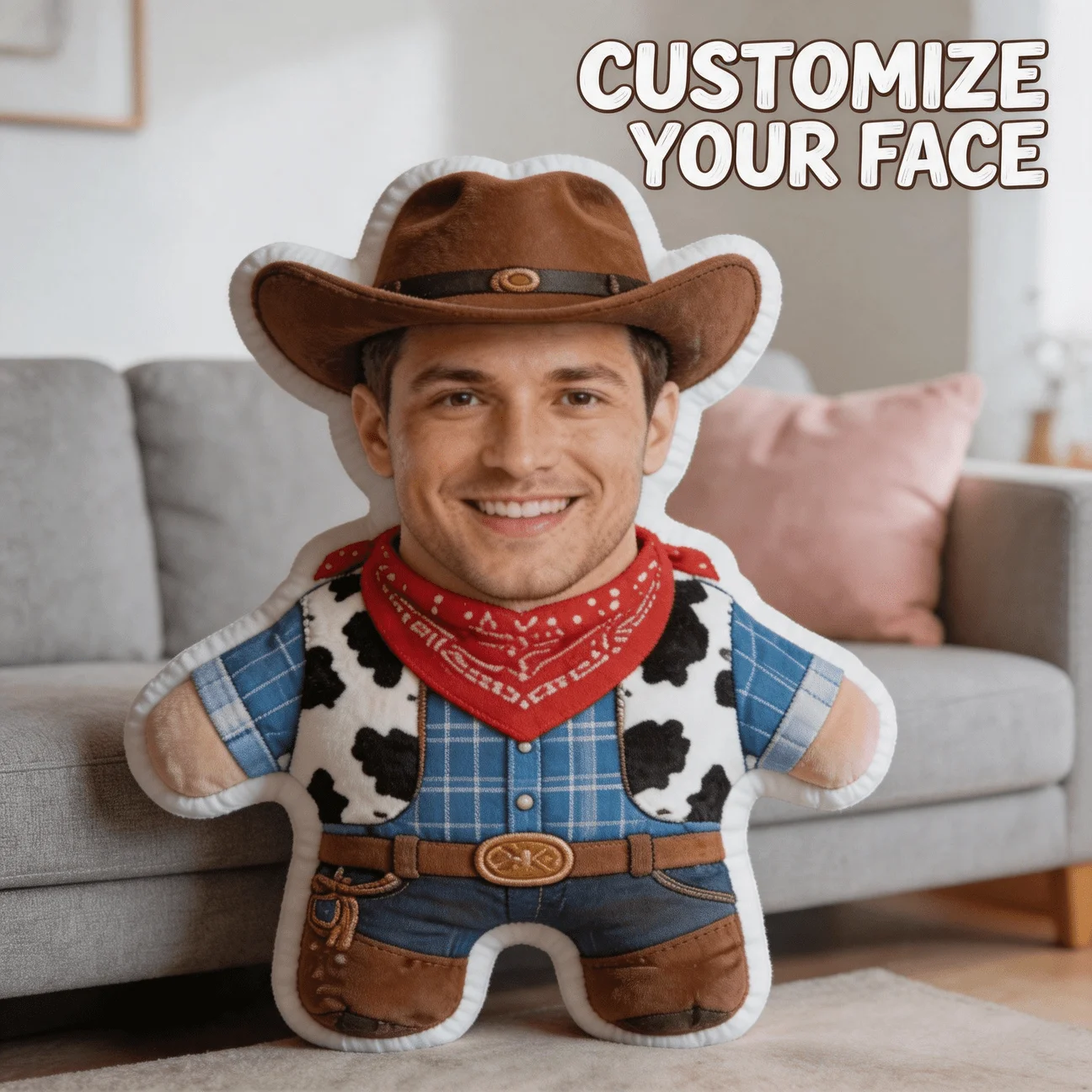 Custom Personalized Photo Face Pillow, Cowboy Style Custom Shaped Decorative Cushion, 60cm Home Decor Accent Pillow for Sofa & B