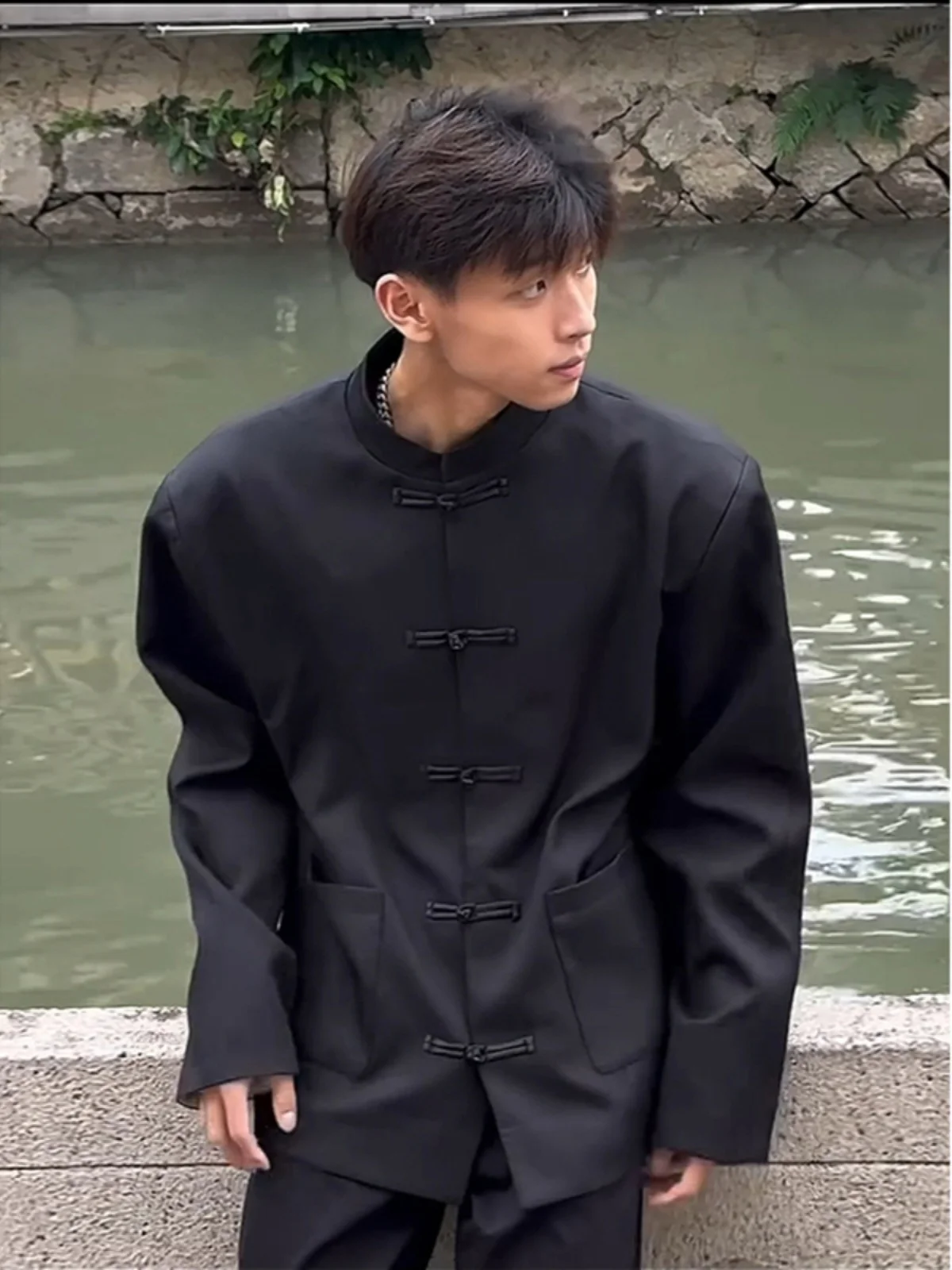 

New Chinese Sle Button up Stand Collar Casual Men's Jaet High-End Loose Fit Small Western Sle Polyester/Nylon Cosite...