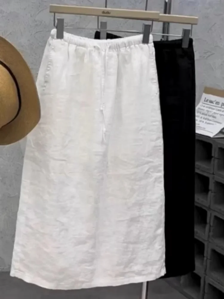 

Белая льняная тонкая летняя юбка с высокой талией, женская модная утягивающая повседневная корейская юбка больших размеров