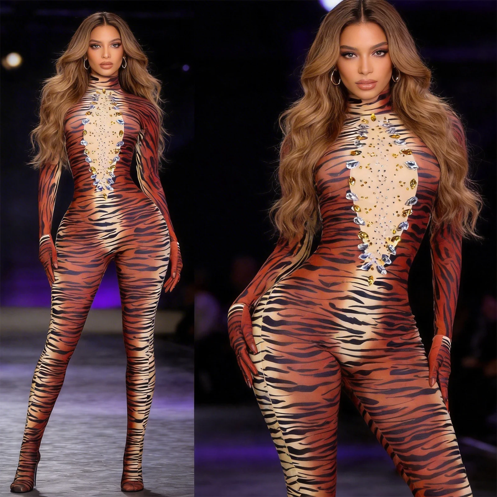 

Сексуальный комбинезон с блестящими стразами и животными на Хэллоуин, тигр, групповая вечеринка, косплей, тема, наряд Drag Queen, костюм для бара, танцевального сценического шоу