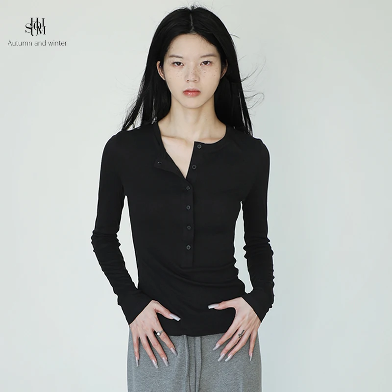 

uomi Silk Henry Collar Long Sve Knitted T-irt Women's Slim Fit Bla Top Faionable Autumn Winter Wear Casual Office