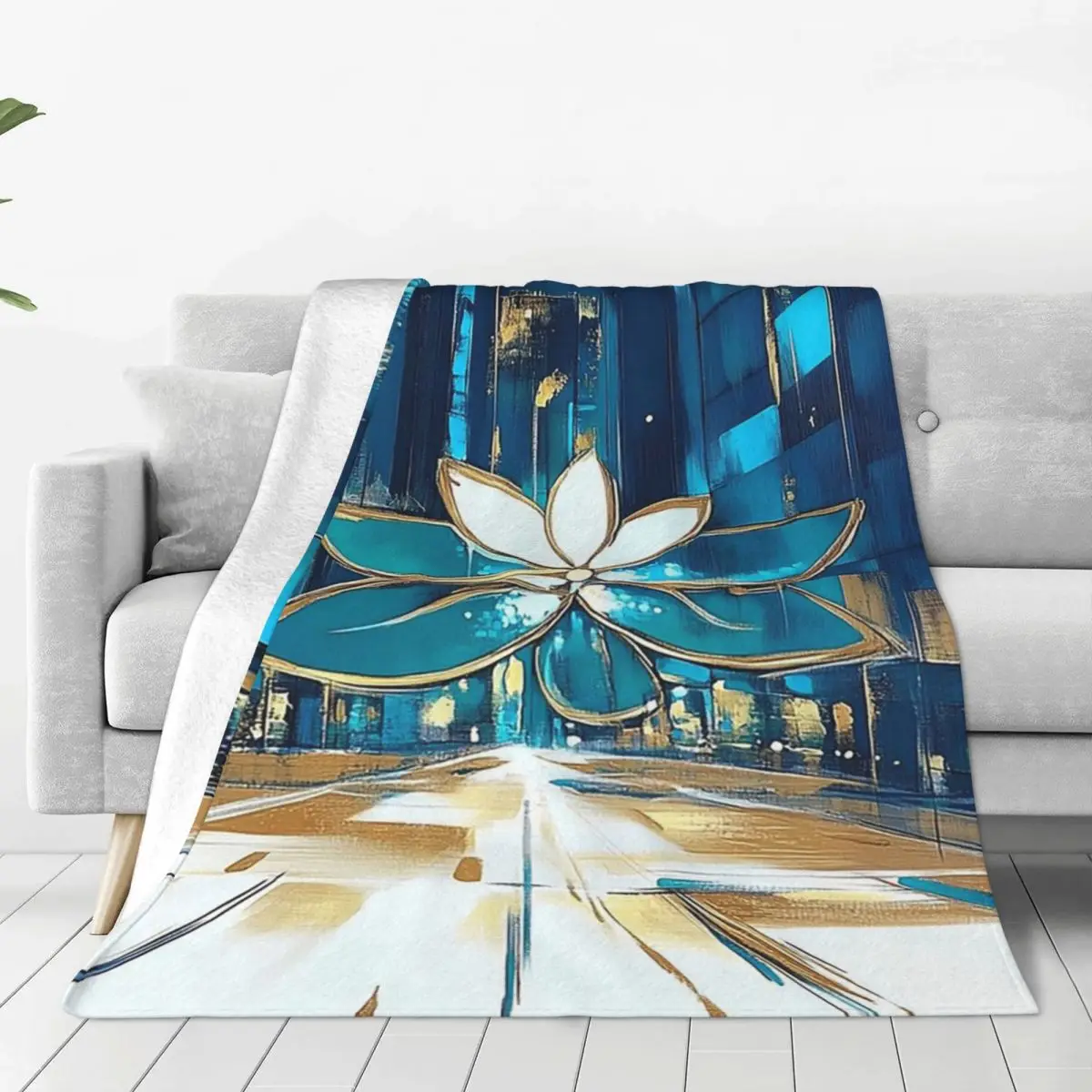 Abstract Lotus Flower In Futuristic Cityscape Blankets Flannel Sofa Throw Blankets For Home Bedroom Throws Bedspread Quilt