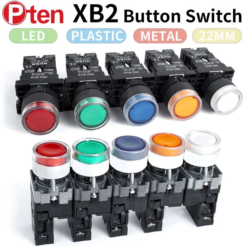 

XB2 LED Button switch self reset flat head 22mm start 1NO NC NO/NC Momentary Push Button Switch Metal Plastic head RED GREENBLUE