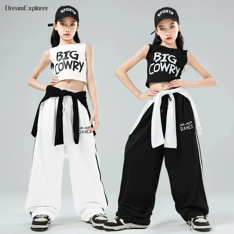 Hip Hop Girls Crop Top Cardigan Street Dance Letter Joggers Pants Kids Streetwear Loose Sweatpants Child Jazz K-pop Clothes Sets