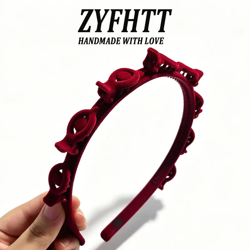 1/3 Stück ZYFHTT Rot-Schwarzes Beflocktes Geflochtenes Stirnband für Frauen Retro Vielseitiger Haarreif Modisches Mädchen-Stirnband Haaraccessoires – Detail 3