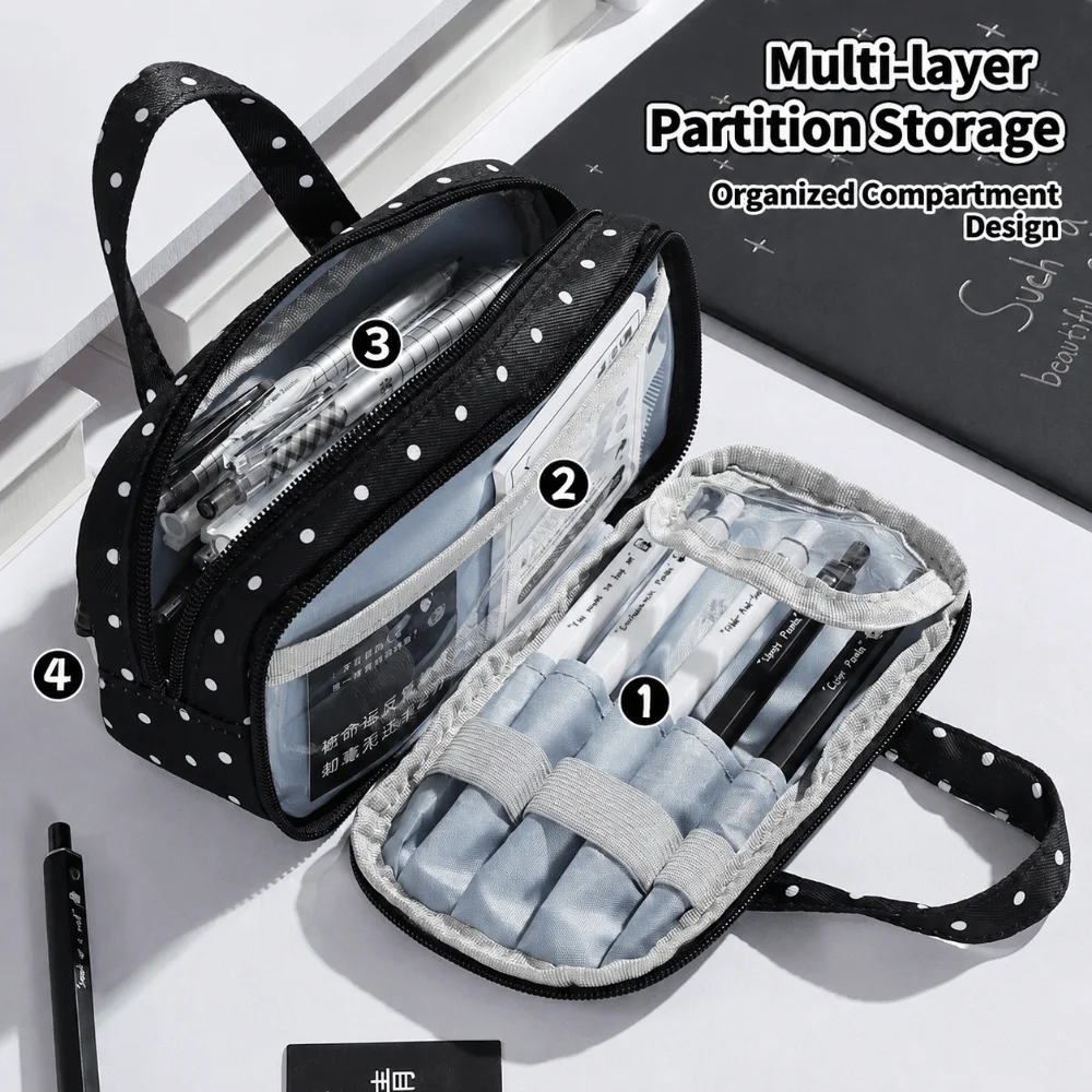 Kawaii Ruffle Lace Trim Pencil Case Polka Dot Print Multi-Layer Pencil Pouch with Clear Window Handheld Pen Bag Students