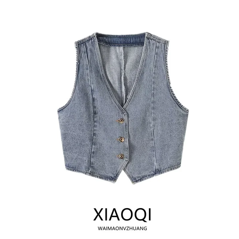 

Fall 2025 Women's Design Slimming Versatile ort Denim Vest Autumn New Arrival Commute Sle V-ne Single-button Pure Color