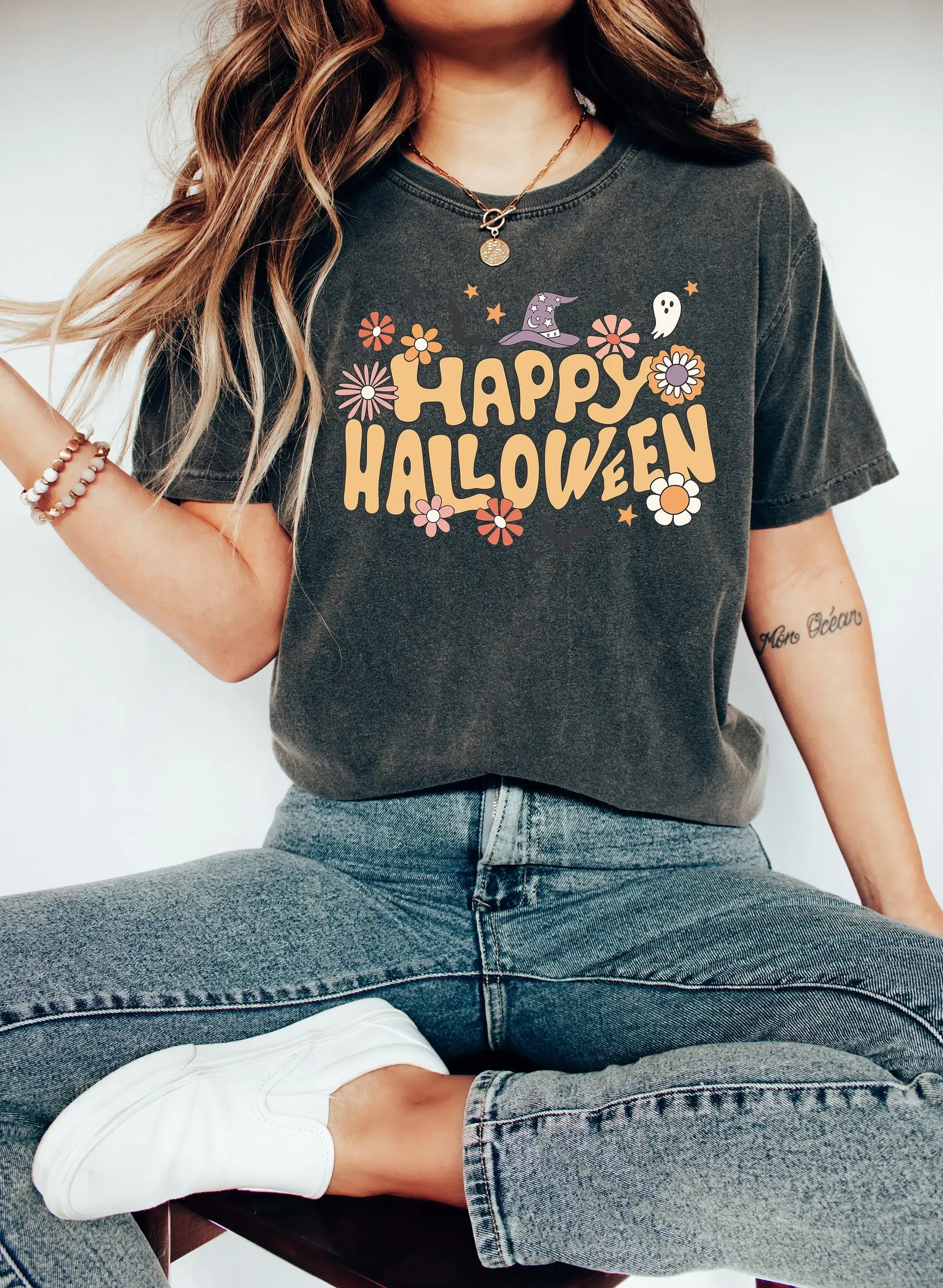 

Retro Halloween Comfort Colors Shirt Happy Boho T Vintage Ghost Witch Fall