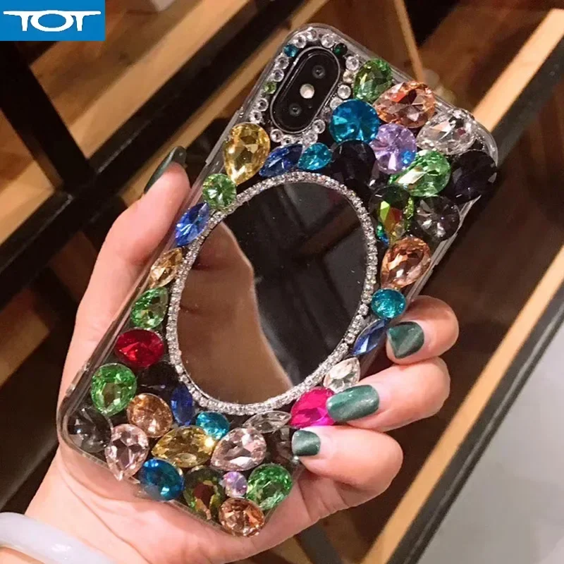 

Чехол с бриллиантовым зеркалом для макияжа для iPhone, блестящий чехол со стразами, роскошный, 16, 15, 14, 13, 12, 11 Pro Max, XR, серии 7, 8 Plus