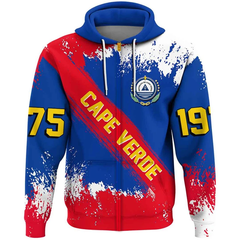 Cape Verde Flag Map Graphic Sweatshirts CV National Emblem Zip Up Hoodie For Men Clothing Casual Male Hoody Sport Boy Pullovers