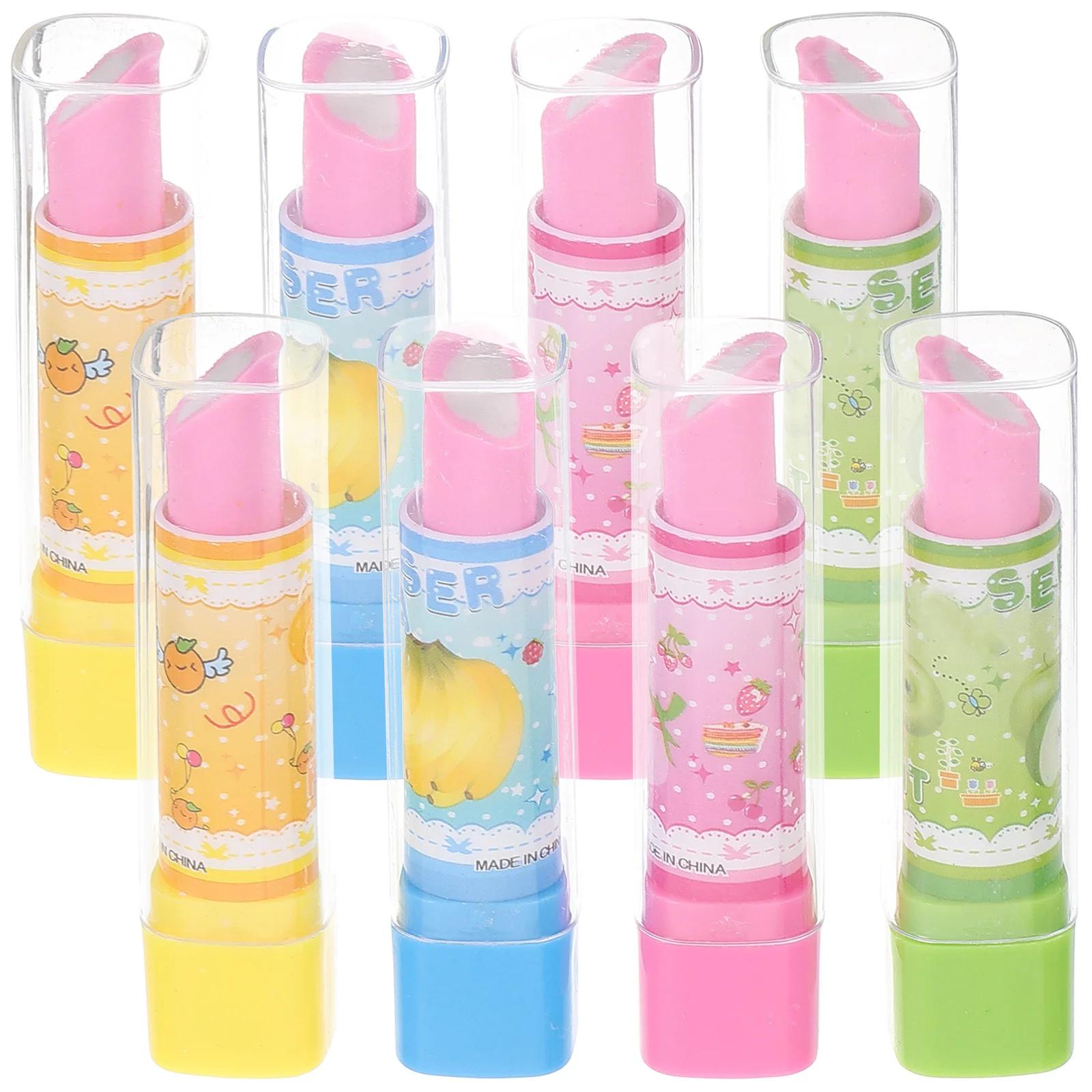 8Pcs Lipstick Eraser Creative Colorful Fruit Pattern Cartoon Stationery Pencil Eraser Students Gift Stationery
