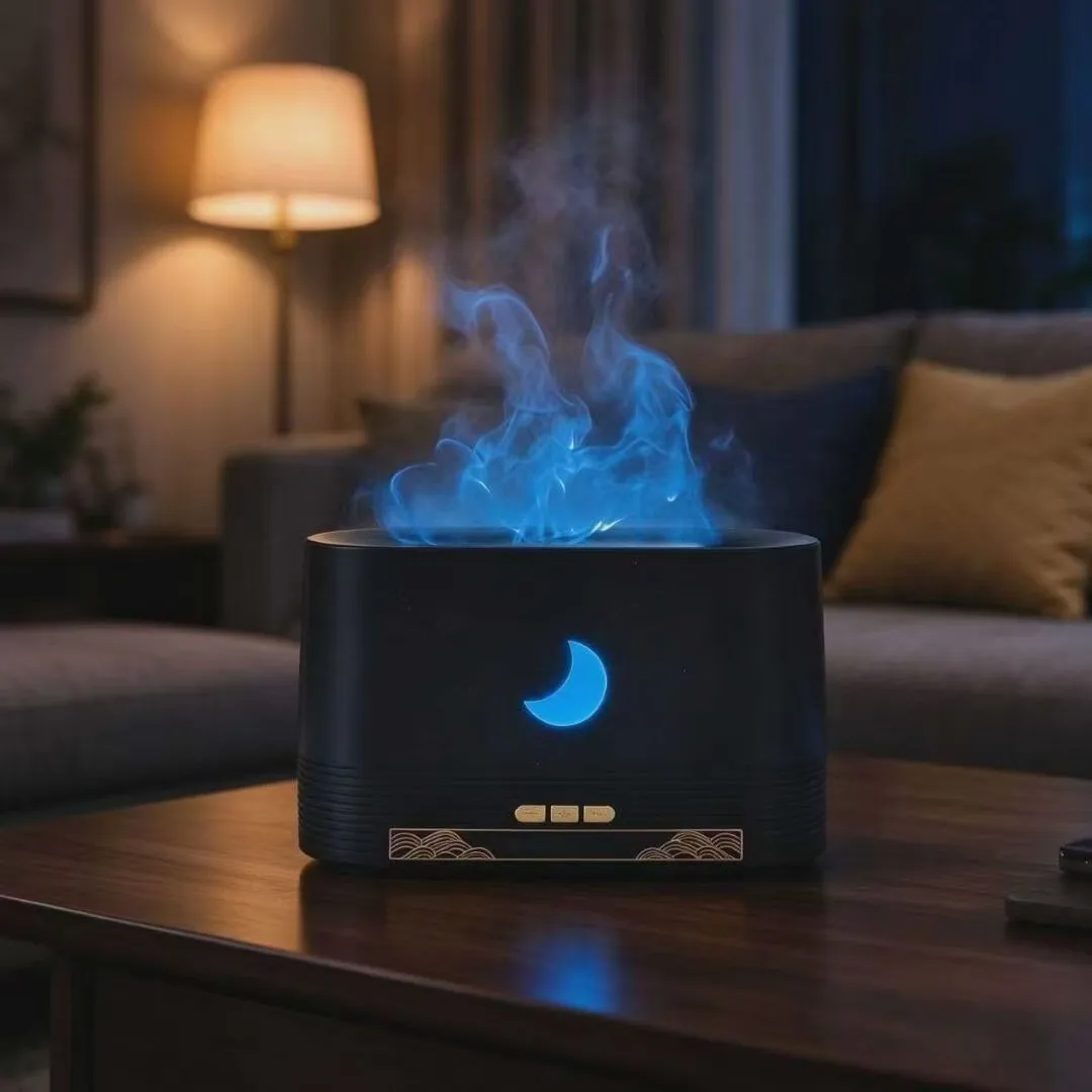 Moon Design Flame Humidifier Aroma Diffuser with Ambient Light Auto Shut-Off Desktop Air Humidifier for Home Office