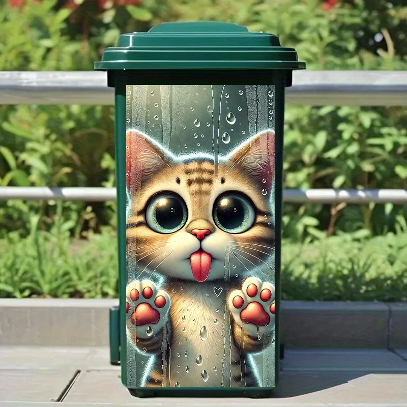 1 cute wet window cat tongue trash can sticker, 14.57 x 32.28 inches - waterproof, used for trash cans