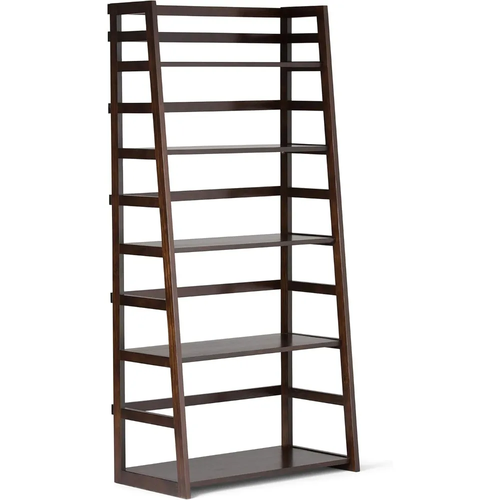 Acadian SOLID WOOD 30 Inch Transitional Ladder Shelf Bookcase in Brunette Brown, For the Living Room, Study Room and