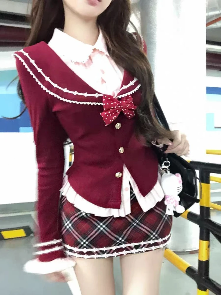 Preppy Sweet Burgundy 3 Piece Set Women Polo Collar Lace Bow Ruffle Cuff High Waist Plaid Mini Skirt Slim Fit School Outfit 2026
