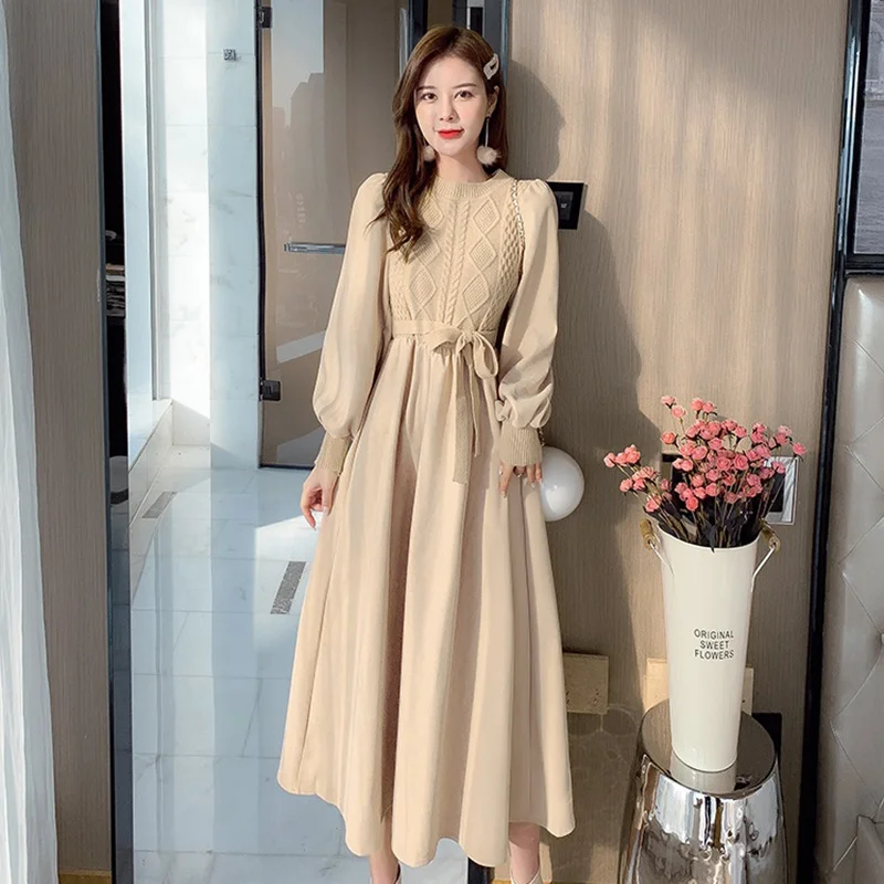 

Women's Knitting Corduroy Stitching Long Sleeve Dress, Spring Sweater Dresses, Female Pleated Lace-up Bottom Dress, New, 2023