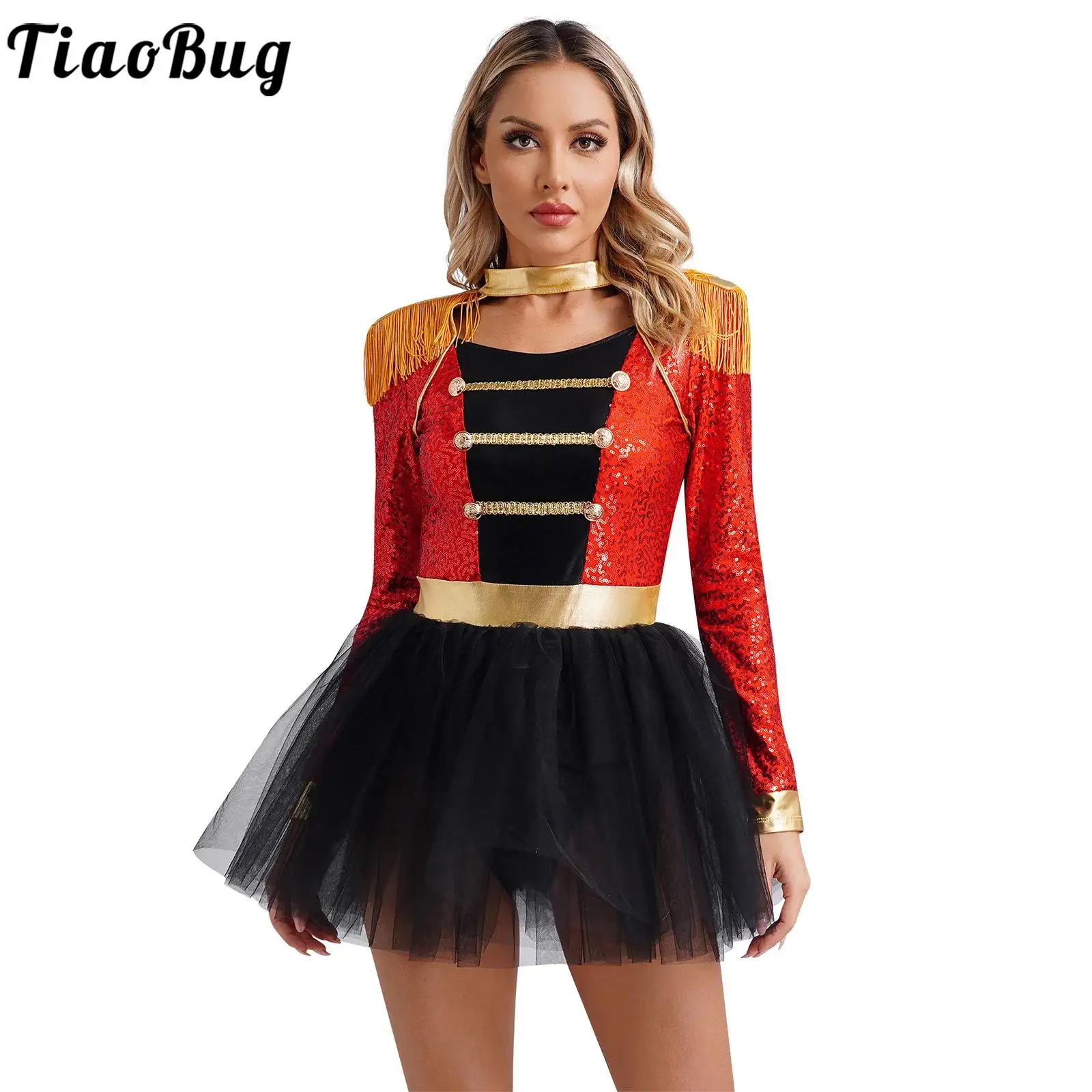 Costume de Cosplay LYus Ringmaster à Paillettes pour Femme, Manches sulf, Franges, Initié, Tutu en Tulle, Justaucorps, Robe d'Halloween