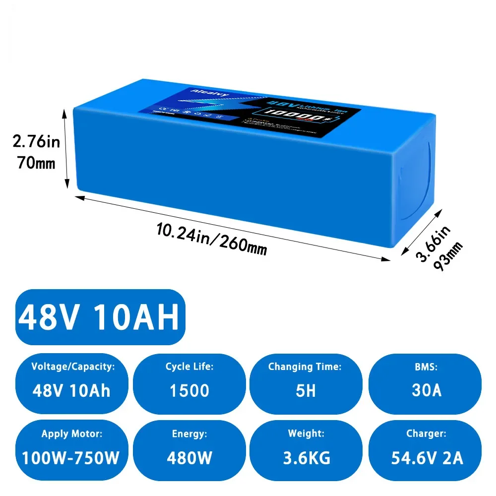 48V 10Ah 13S4P Electric Bicycle Lithium Battery Built-in30A BMS for 100W-750W Motor eBike Electric