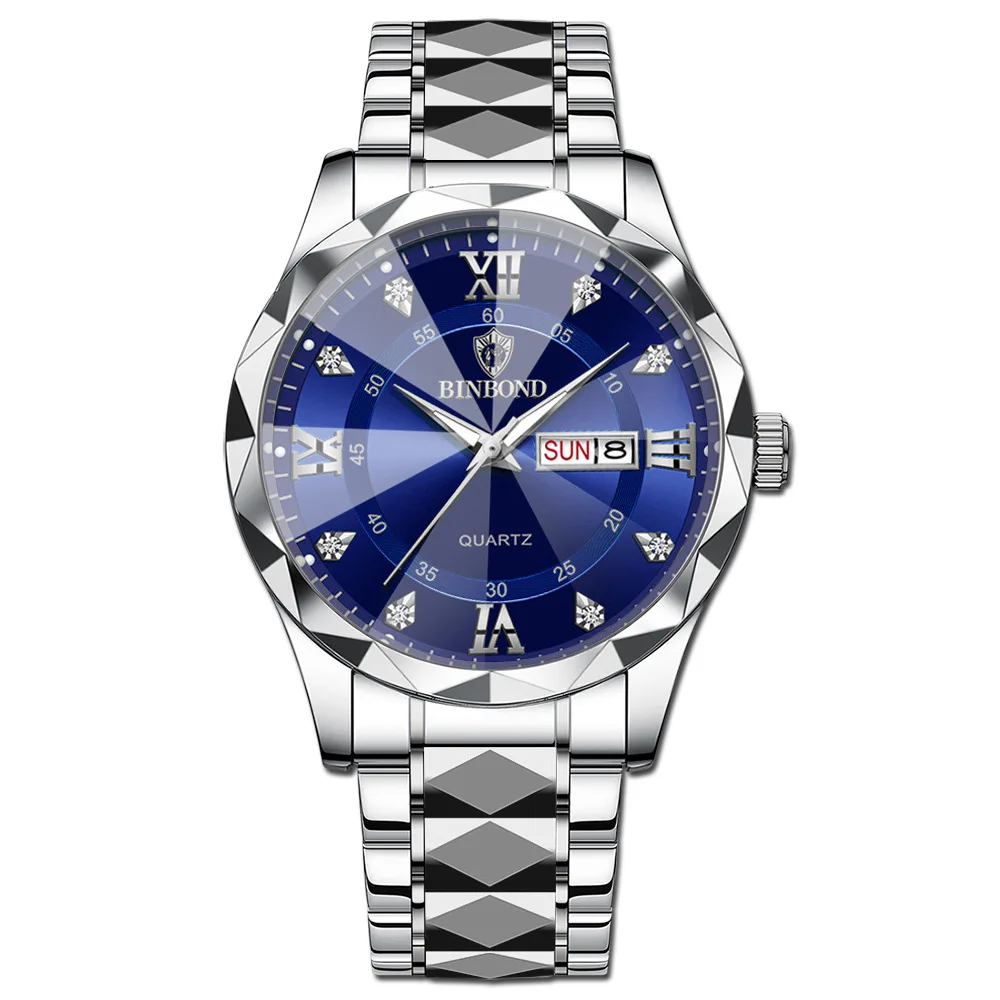 Men's Watch Waterproof Night Light Calendar Steel Strip Quartz Watch Diamond Pointed Glass Fashion Business Men's Clock