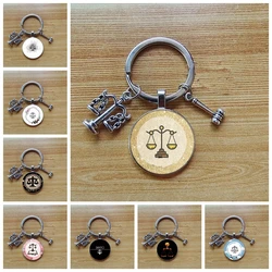 Fashion Jewelry Dome Glass Metal Keychain Judge Law Balance Hammer Fairness and Justice